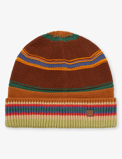 Acne Studios Mens Cinnamon Brown Multi Striped Logo-patch Cotton-knit Beanie