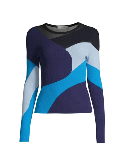 Milly Sheer Panel Colorblock Rib Sweater In Blue Multi