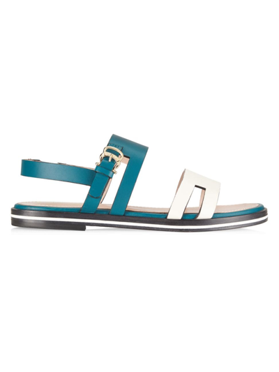 Pollini Women's Colourblocked Leather Windowpane Sandals In Teal Ivory