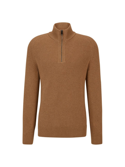Hugo Boss Medium Beige Half Zip Cotton And Wool Blend Sweater