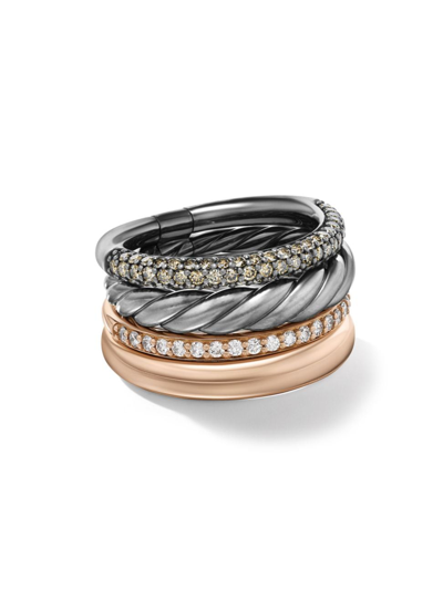 David Yurman Dy Mercer Ring With Diamonds In Silver And 18k Rose Gold, 14mm In Cognac Diamond