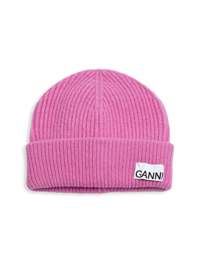 Ganni Pink Fitted Rib Knit Wool Beanie