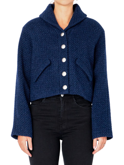 Endless Rose Women's Boucle Tweed Buttoned Bomber In Navy