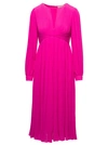 Michael Michael Kors Midi Fuchsia Pleated Dress With V Neck And Blouson Sleeves In Recycled Polyester Blend Woman In Pink