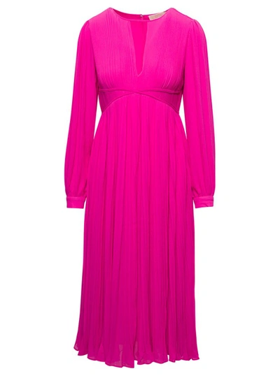 Michael Michael Kors Midi Fuchsia Pleated Dress With V Neck And Blouson Sleeves In Recycled Polyester Blend Woman In Cerise