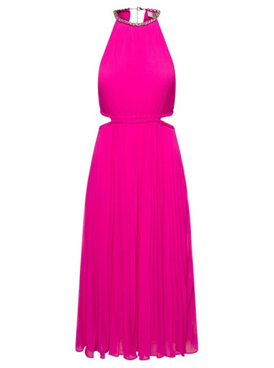 Michael Michael Kors Midi Fucshia Pleated Dress With Chain And Cut-out Detail In Recycled Polyester Blend Woman In Pink