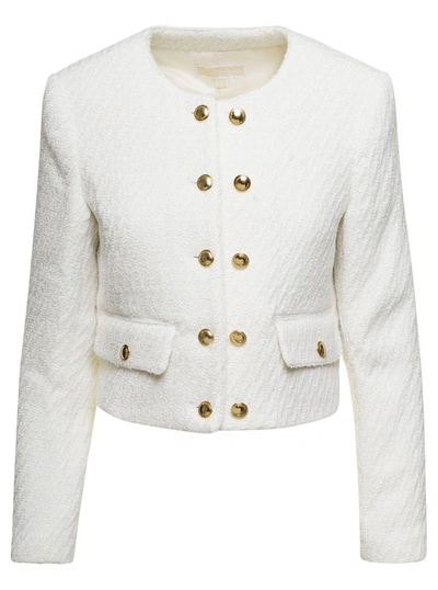 Michael Michael Kors White Cropped Jacket With Golden Buttons In Tweed Woman In White