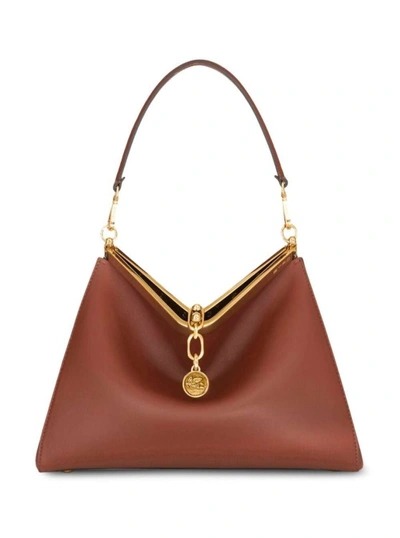 Etro Ava Medium' Brown Shoulder Bag With Logo Charm And Removable Pouch In Leather