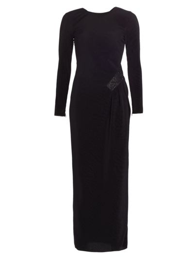 Giorgio Armani Plisse Jersey Gown With Beaded Hip Detail In Solid Black