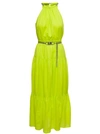 MICHAEL MICHAEL KORS NEON YELLOW HALTER NECK MAXI DRESS WITH CHAIN BELT WITH LOGO IN COTTON