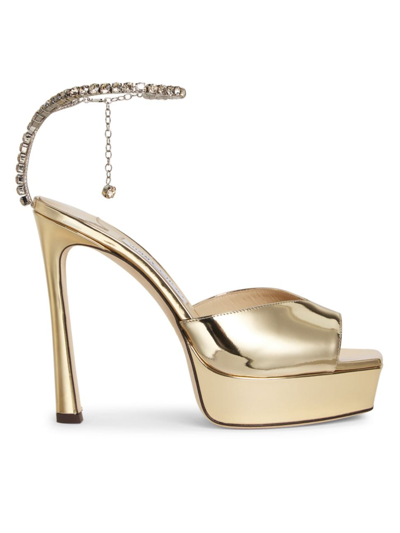 Jimmy Choo Saeda Crystal-chain Metallic Leather Platform Sandals In Gold