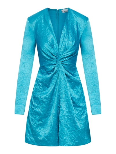 Ganni Crinkled Satin Mnidress In Blue