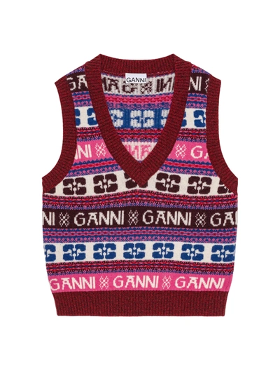 Ganni Pink Logo Wool Mix Vest In Multicolor