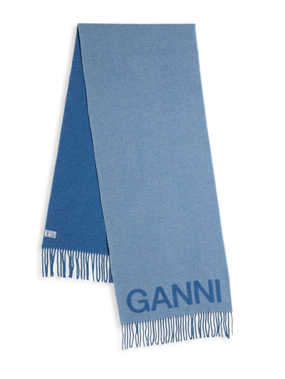 Ganni Fringe-detailed Wool Scarf In Light Blue Vintage