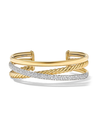 David Yurman Women's Pavé Crossover Three Row Cuff Bracelet In 18k Yellow Gold