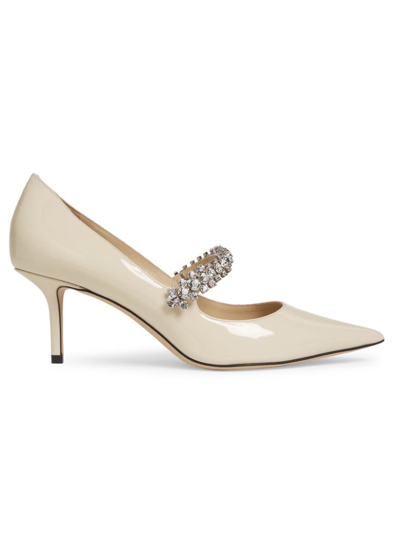 Jimmy Choo Women 'bing' White Pumps With Crystal Embellishments And High Cone Heel In Patent Leather