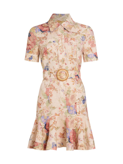 ZIMMERMANN WOMEN'S AUGUST BELTED FLORAL LINEN MINIDRESS