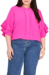 Vince Camuto Ruffle Sleeve Split Neck Blouse In Hot Pink