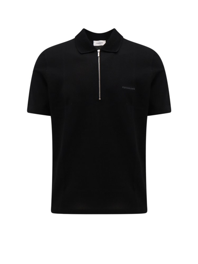 Ferragamo Logo-embroidered Zip-neck Polo Shirt In Black