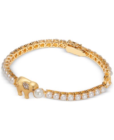 Kate Spade Gold-tone Pave Elephant & Imitation Pearl Tennis Bracelet In Clear,gold.
