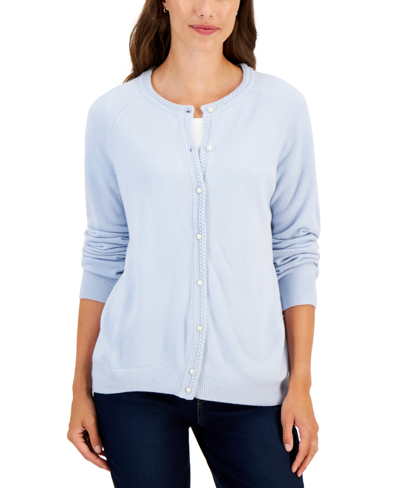 Karen Scott Petite Luxe Soft Faux Pearl-button Cardigan, Created For Macy's In Blue Moon