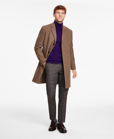 Michael Kors Men's Classic Fit Luxury Wool Cashmere Blend Overcoats In Brown Herringbone