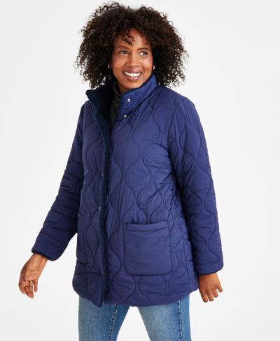 Style & Co Petite Reversible Quilted & Sherpa Jacket, Created For Macy's In Industrial Blue