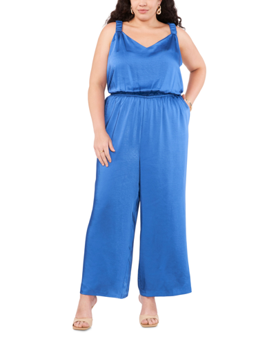 Vince Camuto V-neck Textured Satin Jumpsuit In Sapphire Blue