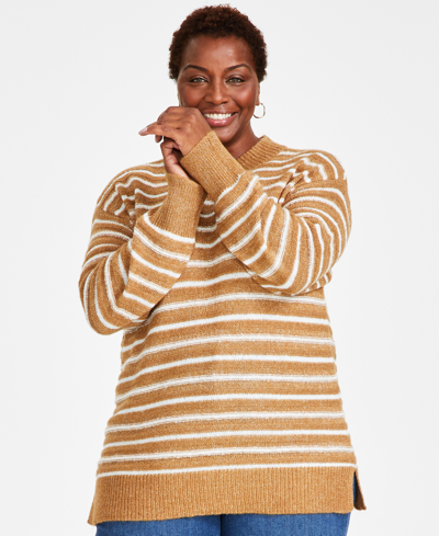 Style & Co Plus Size Striped Tunic Sweater, Created For Macy's In Caramel Kiss