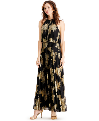 Msk Metallic-print Pleated Blouson Gown In Black,gold