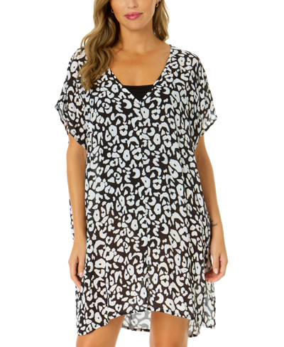 Anne Cole Women's Leopard-print Easy Drop-sleeve Tunic In White,black Lepord