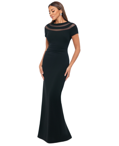 Xscape Petite Illusion-detail Short-sleeve Dress In Black