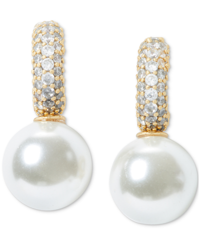 Kate Spade Gold-tone Imitation Pearl Charm Pave Huggie Hoop Earrings In Cream,gold