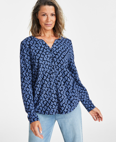 Style & Co Women's Cotton Henley Long-sleeve Top, Created For Macy's In Denise Blue