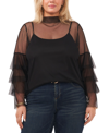 VINCE CAMUTO TRENDY PLUS SIZE TIERED-SLEEVE MESH MOCK NECK BLOUSE