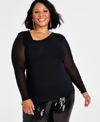 INC INTERNATIONAL CONCEPTS PLUS SIZE ASYMMETRIC MESH-SLEEVE TOP, CREATED FOR MACY'S