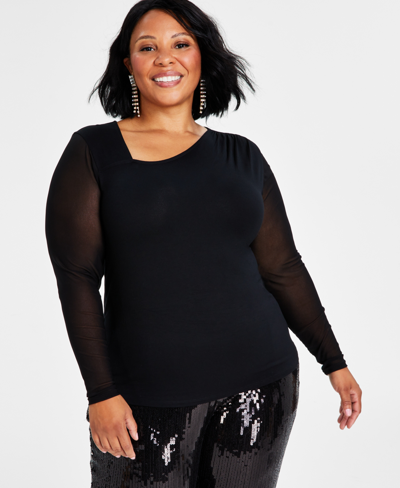 Inc International Concepts Plus Size Asymmetric Mesh-sleeve Top, Created For Macy's In Black