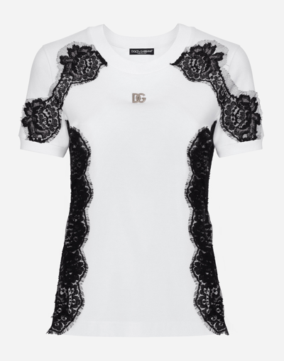 Dolce & Gabbana Jersey T-shirt With Dg Logo And Lace Inserts In ホワイト