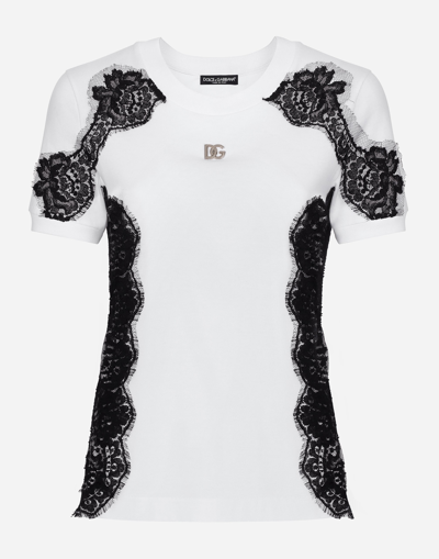 DOLCE & GABBANA JERSEY T-SHIRT WITH DG LOGO AND LACE INSERTS
