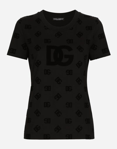 DOLCE & GABBANA JERSEY T-SHIRT WITH ALL-OVER FLOCKED DG LOGO
