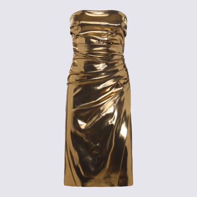 Dolce & Gabbana Laminated Fabric Strapless Draped Midi Dress In Oro