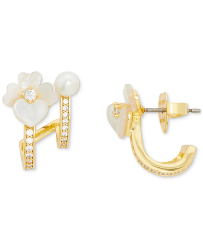 Kate Spade Gold-tone Small Pave & Mother-of-pearl Pansy Double-row Huggie Hoop Earrings, 0.66" In Clear,gold.