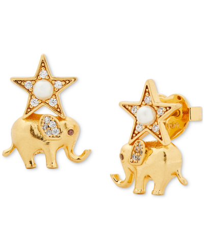 Kate Spade Gold-tone Pave & Imitation Pearl Elephant Stud Earrings In Clear,gold.