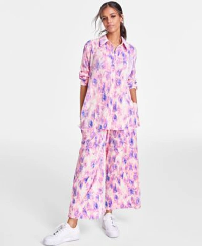 Bar Iii Petite Printed Plisse Knit Button Down Shirt Printed Plisse Knit Pants Created For Macys In Riley Rose