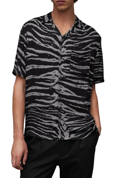 Allsaints Cubs Tiger Print Relaxed Fit Shirt In Jet Black