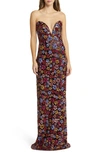 Marchesa Notte Strapless Plunging Floral Sequin Column Gown In Black Multi