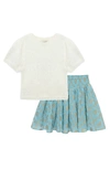 Peek Aren't You Curious Kids' Fuzzy Sweater & Metallic Print Skirt Set In Off-white