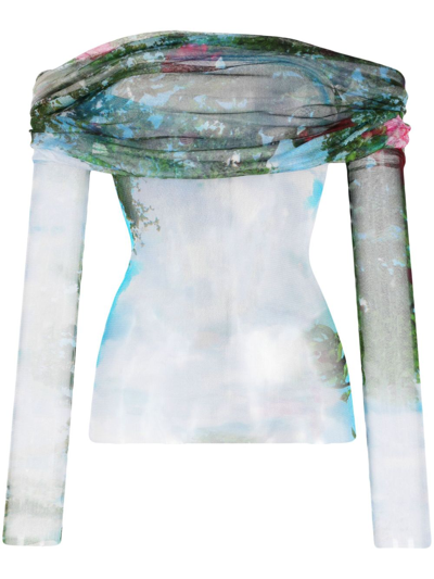 Christopher Esber Lucid Veiled Sheer Long-sleeve Top In Blue