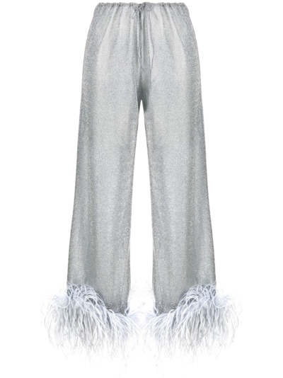 Oseree Lumière Plumage Feather-trim Trousers - Women's - Polyamide/metallic Fibre/ostrich Feather In Grey
