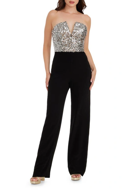 Dress The Population Fernanda Sequin Bodice Strapless Jumpsuit In Silver Black In Metallic